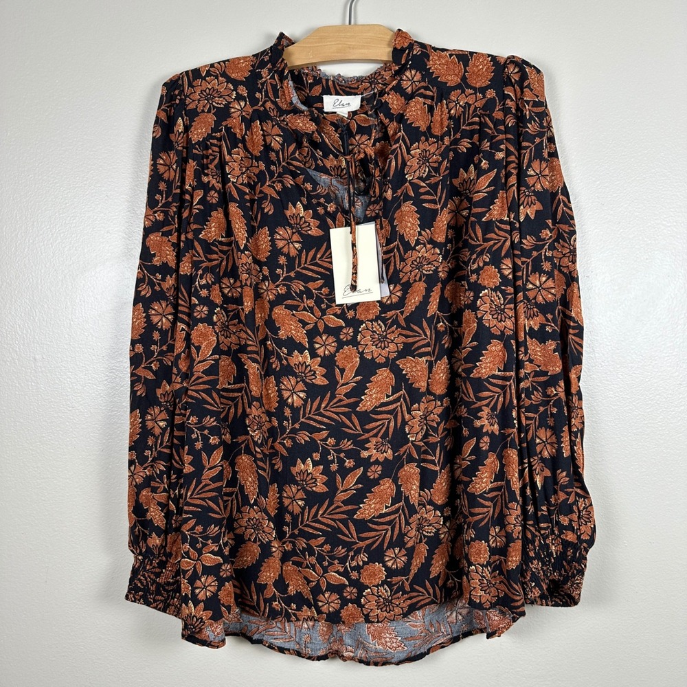 Elan Women's Small Blouse Black Rust Floral Ruffle Neck Smocked Cuff NEW